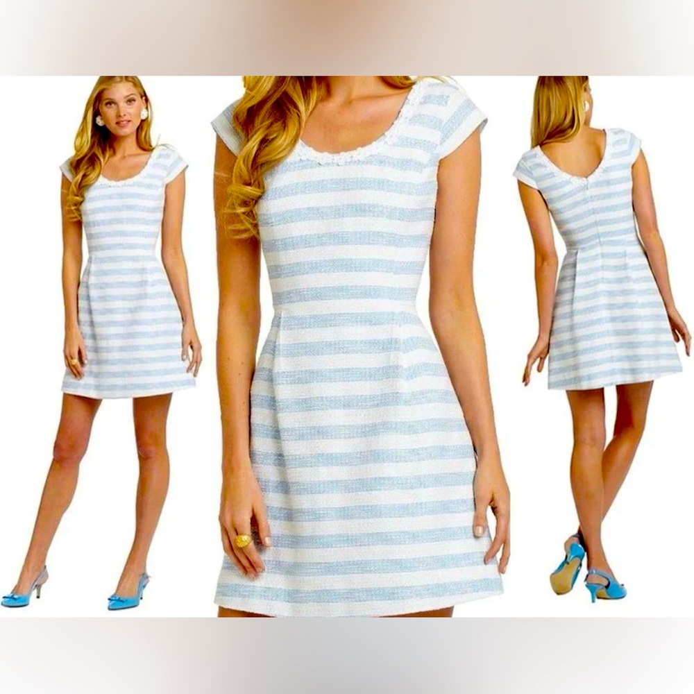 Lilly Pulitzer Rylan Flutter Blue Lurex Boucle Stripe Daisy Pearl Lace Dress
